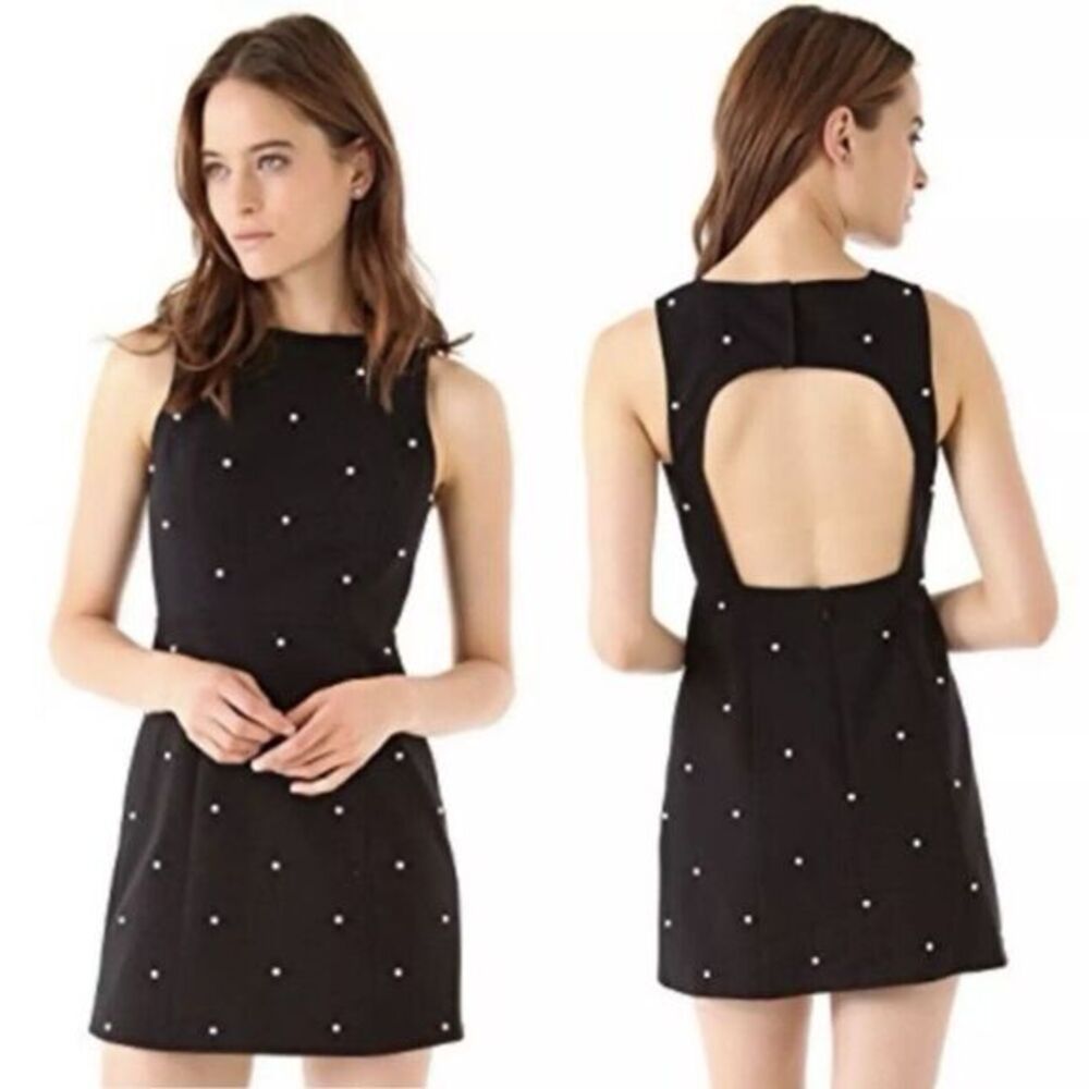 Tibi Black Ivory Beaded Mini Dress Size 4 Cutout Back Polka Dot Retro Sleeveless